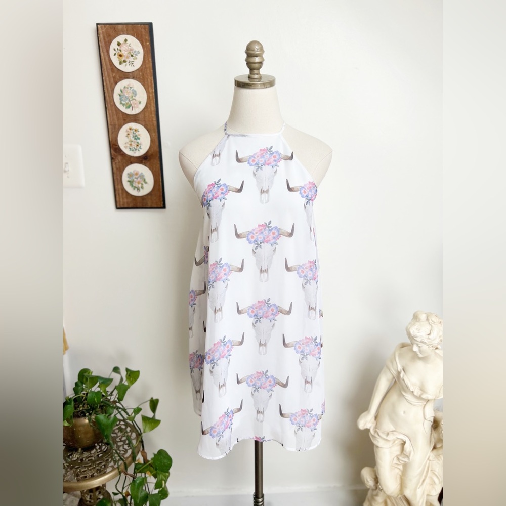 Show Me Your MuMu White Floral Skull Halter Mini Dress